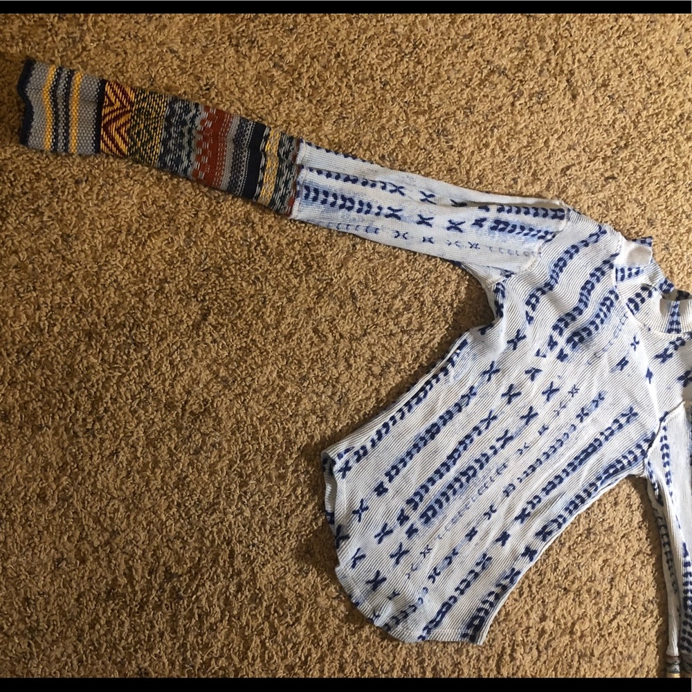 Free People Long Sleeve Mix-Print Top in White and Blue with Multicolor Sleeve